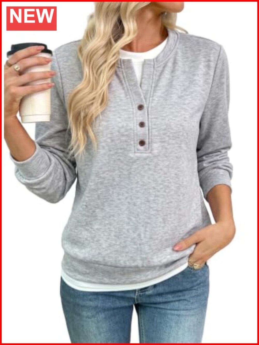 Womens Crewneck Sweatshirt Henley Button Front Long Sleeve Casual Top
